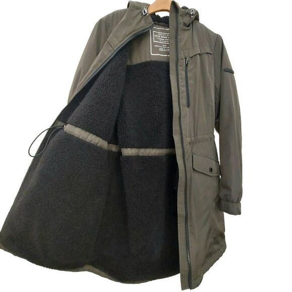 Lucky Brand Softshell Hooded Long Jacket Womens Small Green Sherpa Inside Zip Up - Picture 6 of 11
